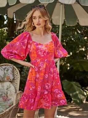Baltic Born Flirty Floral Sweetheart Mini Orange and Pink Wedding Guest Dress